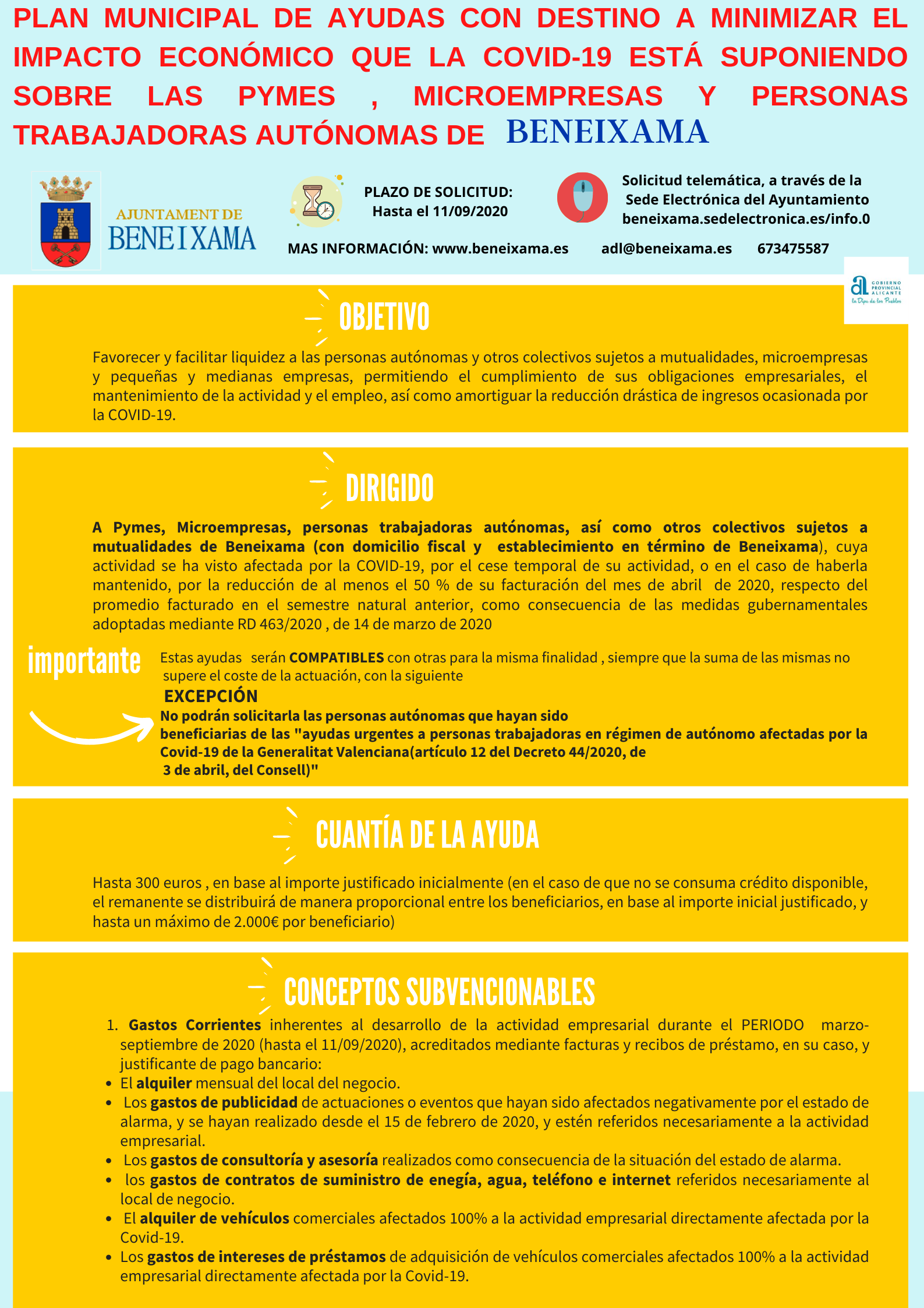 PLAN MUNICIPAL DE AYUDAS POR COVID-19 CON DESTINO A LAS PYMES, MICROEMPRESAS Y PERSONAS TRABAJADORAS AUTÓNOMAS DE BENEIXAMA