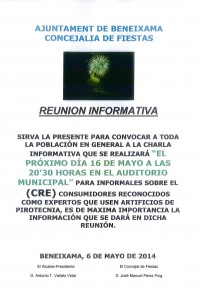 Cartel reunión informativa de la legislación vigente en materia del uso de productos de pirotecnia