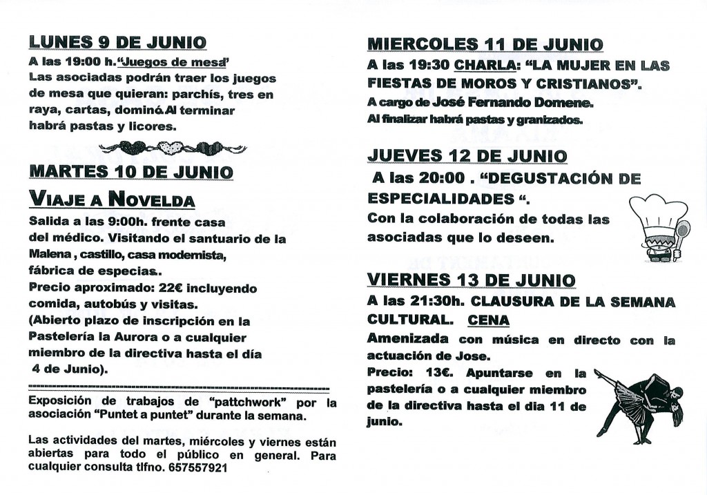 Programación actividades semana cultural de las Amas de Casa