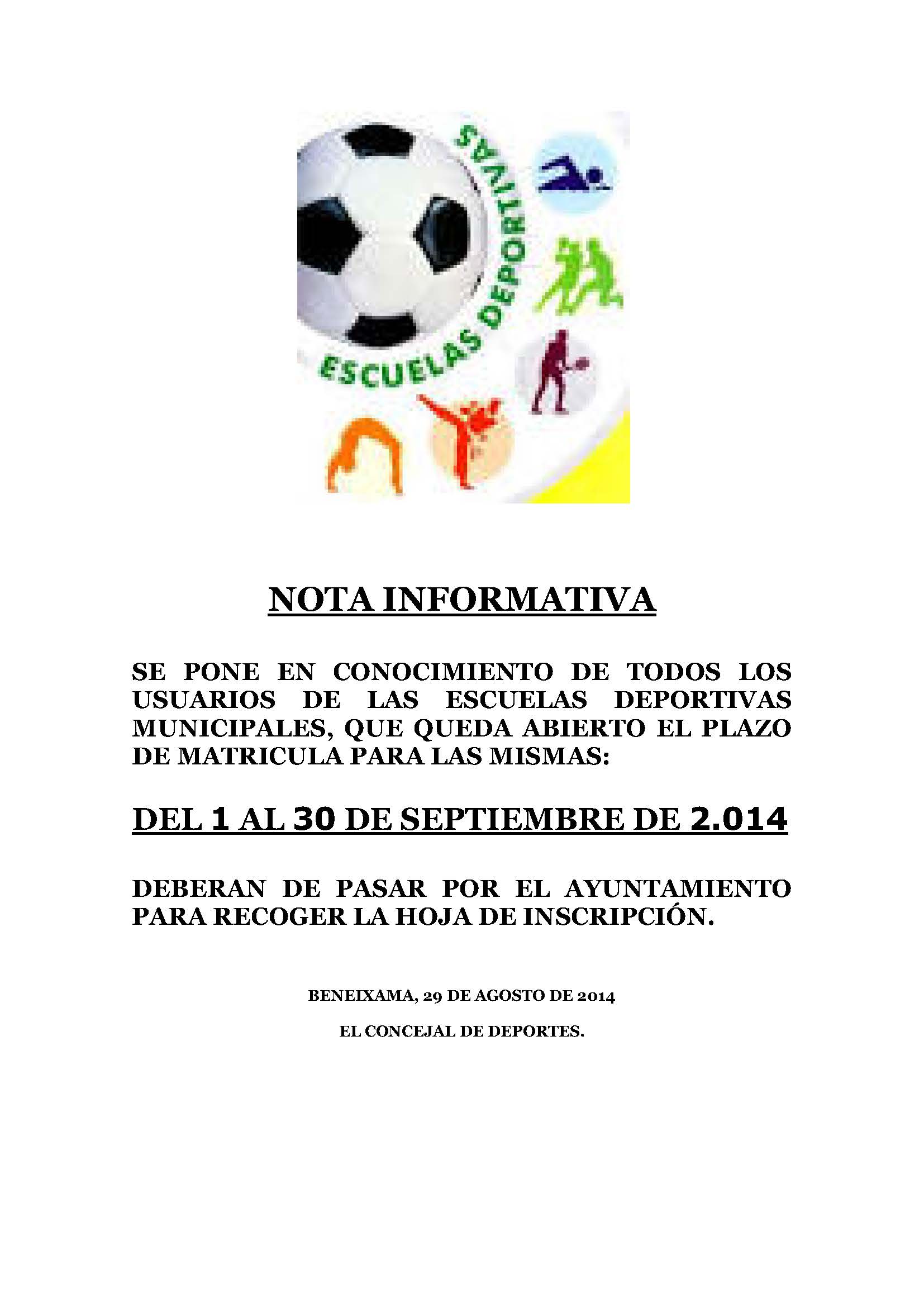 Abierto plazo de matrícula de las Escuelas Deportivas Municipales 2014/15