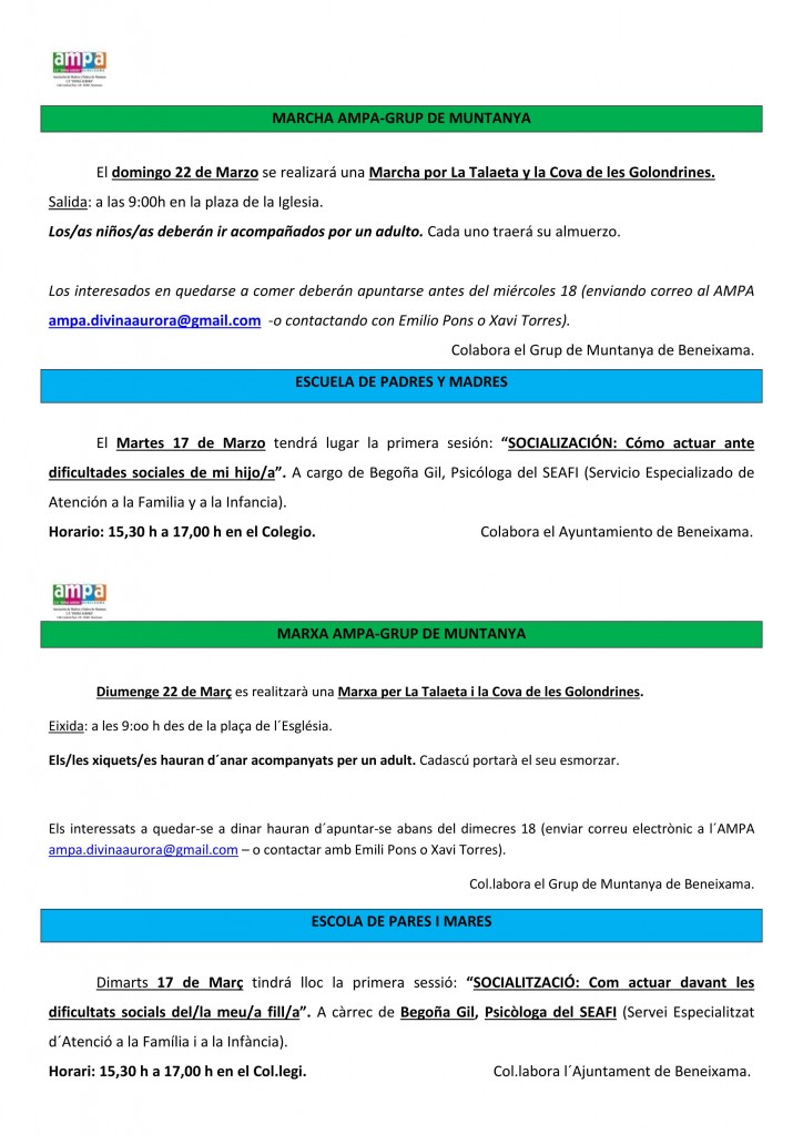 programacio ampa mes de marzo
