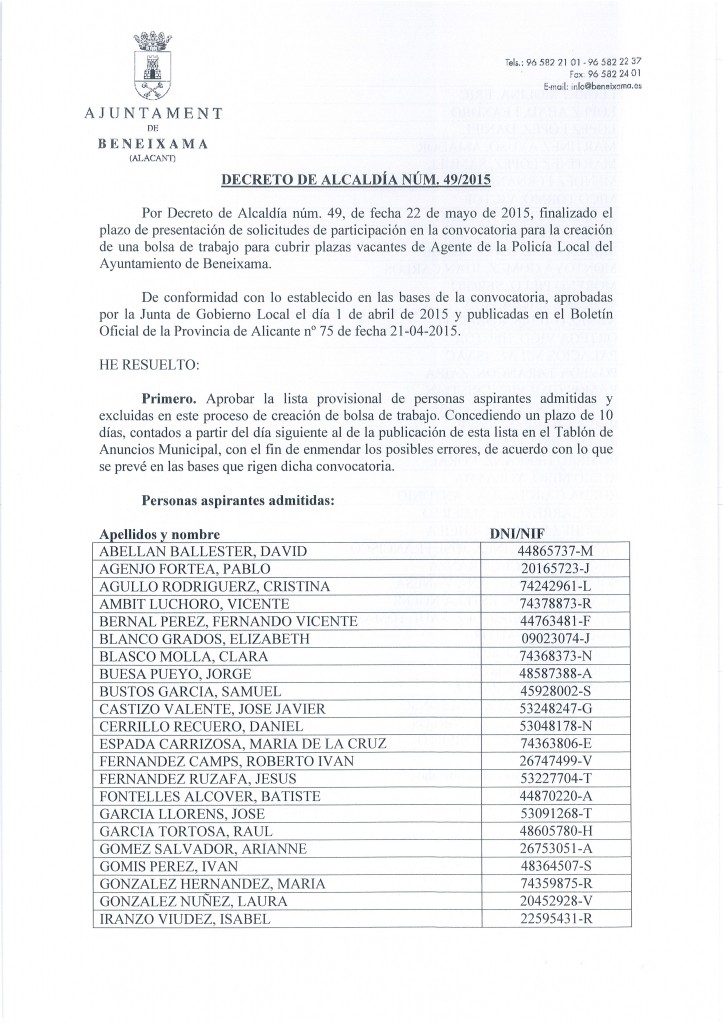 LISTADO PROVISIONAL ADMINTIDOS BOLSA DE AGENTES - 1