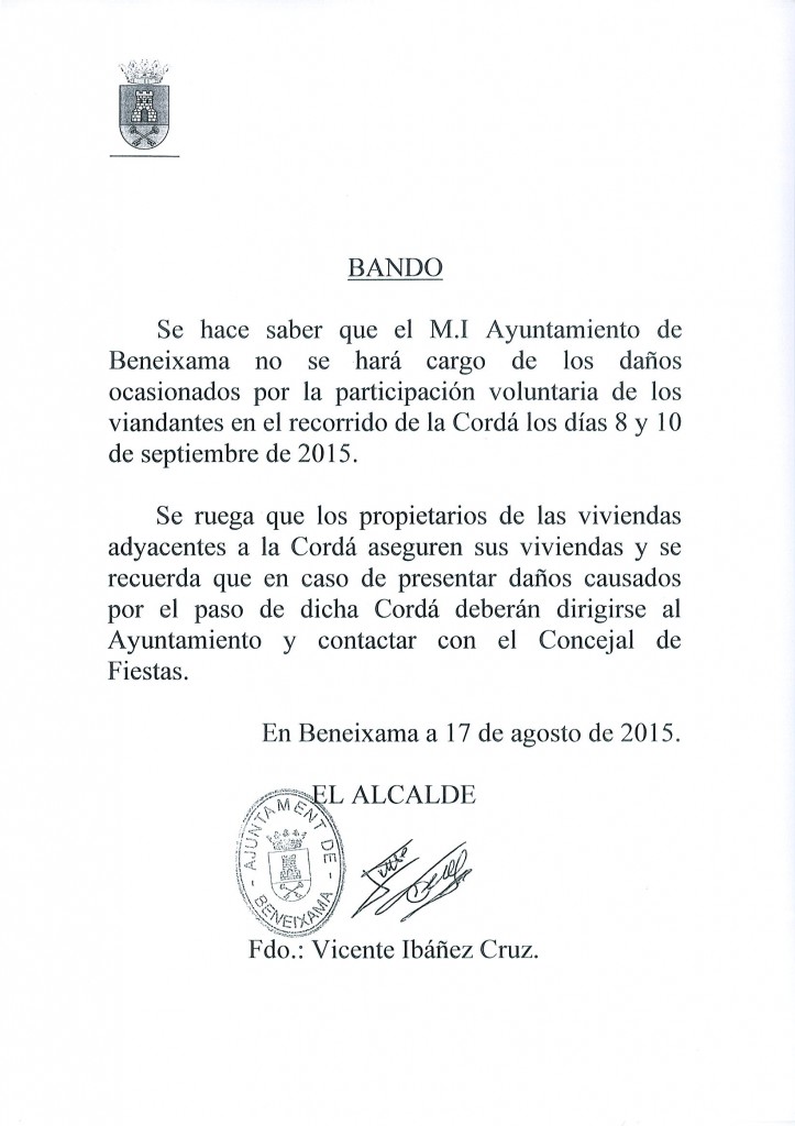Bando sobre la participación en la cordà