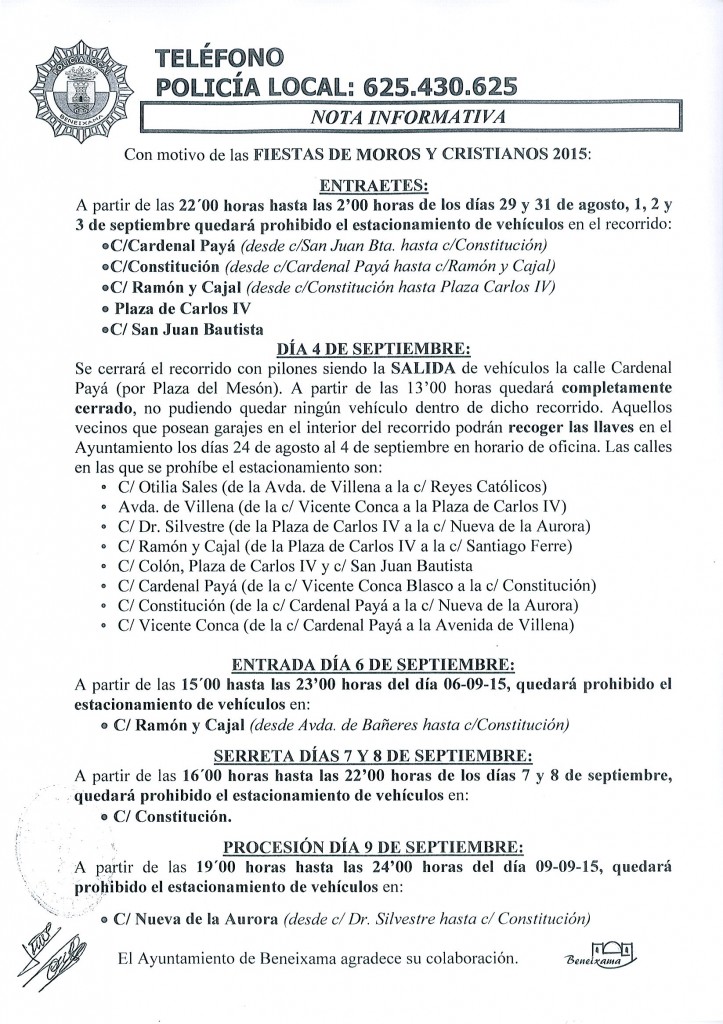 nota informativa entraetes y fiestas de moros y cristianos