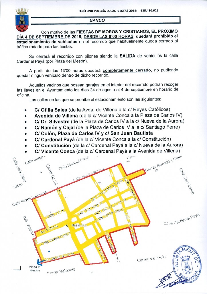 bando corte de calles con motivo de las Fiestas de Moros y Cristianos