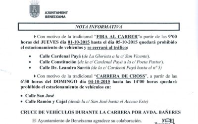 Nota informativa tall de carrers per a la Fira Beneixama Xe que Bo i Cursa Solana Trail