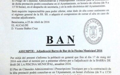 Ban de les condicions per a l’adjudicació de la barra del bar de la Piscina Municipal 2016