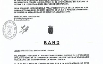 Plazo para presentar oferta para la adjudicación de la barra del bar discomóvil de fecha 17/09/2016