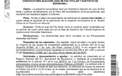 Anuncio convocatoria elección del Juez de Paz titular y sustituto del Ayuntamiento de Beneixama