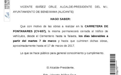Bando de Alcaldía- cierre de la Ctra. de Fontanars por obras