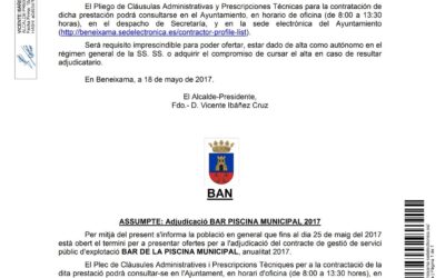 Ban adjudicació Bar Piscina Municipal 2017