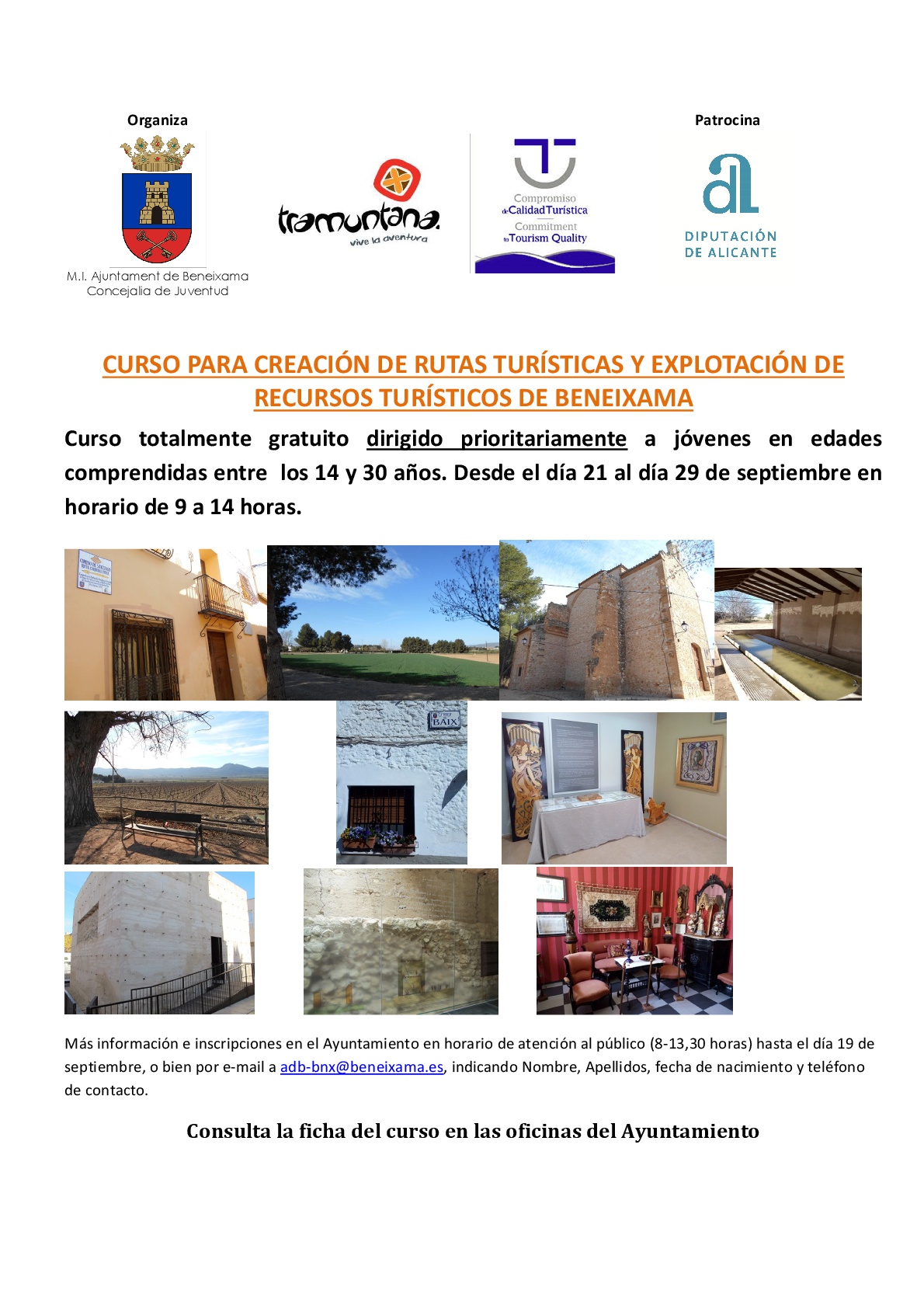 Curso gratuito dirigido a jóvenes “Creación de Rutas Turísticas y Explotación de Recursos Turísticos de Beneixama”