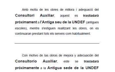 Trasllat del Consultori auxiliar a la Antiga seu de de la UNDEF (pròximament).