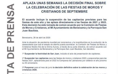 Nota de prensa: Suspensión de los actos de San Juan y aplazamiento de la decisión final sobre la celebración de las fiestas de Moros y Cristianos