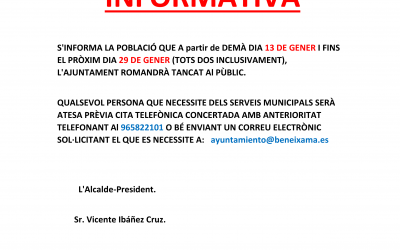 L’Ajuntament romandrà tancat al públic. Sol·licitar cita prèvia.