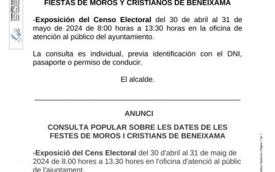 ANUNCIO – CONSULTA POPULAR SOBRE LAS FECHAS DE LAS FIESTAS DE MOROS Y CRISTIANOS DE BENEIXAMA.