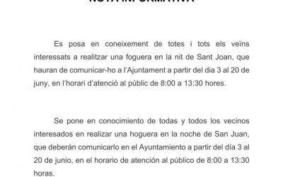 NOTA INFORMATIVA – FOGUERES NIT DE SANT JOAN 2024
